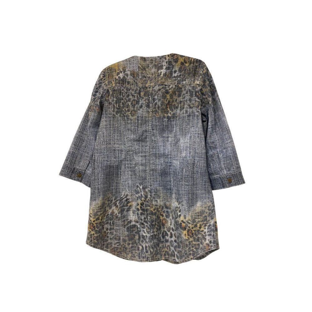 Chicos Womens Duster Jacket Sz 1 Medium Animal Print Blue Wash Brown NWT - Picture 3 of 12